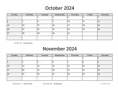 October and November 2024 Calendar Horizontal