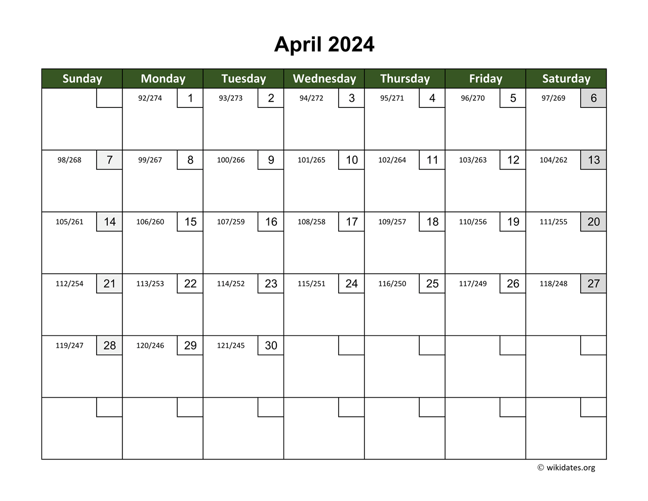 April 2024 Calendar with Day Numbers
