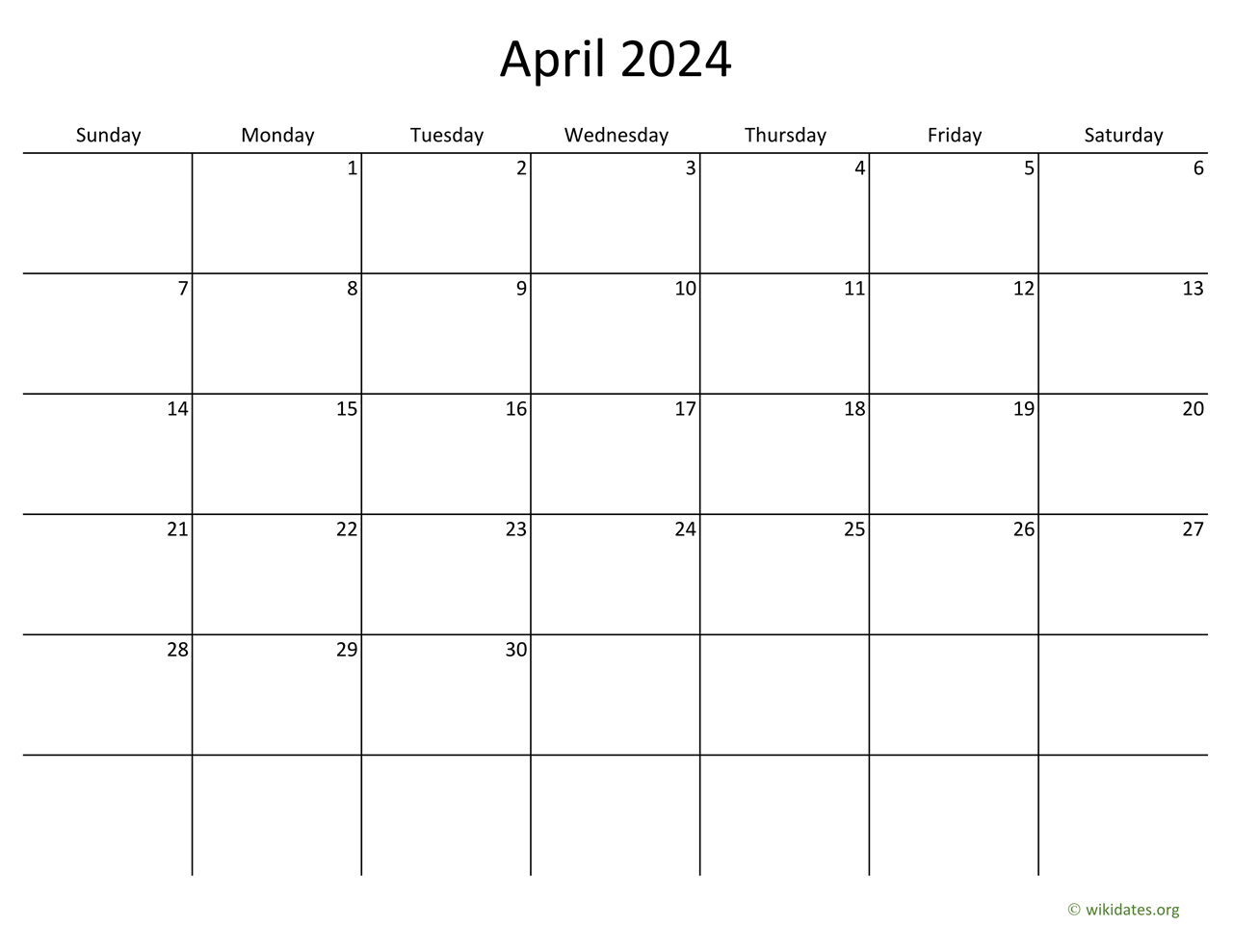 April 2024 Calendar with Bigger boxes