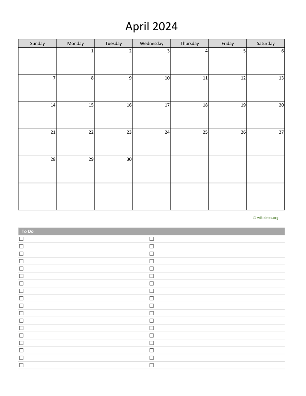 April 2024 Calendar with ToDo List