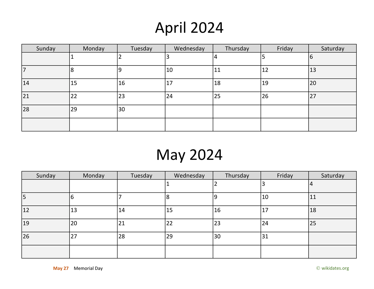 April and May 2024 Calendar
