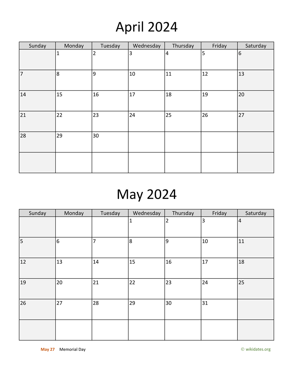 April And May 2024 Calendar