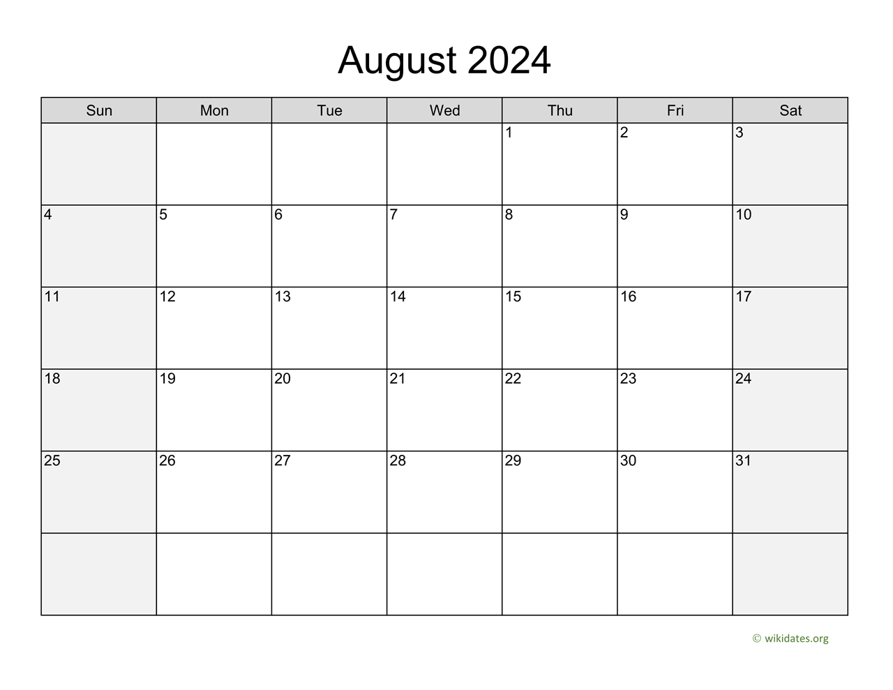 August 2024 Calendar with Weekend Shaded