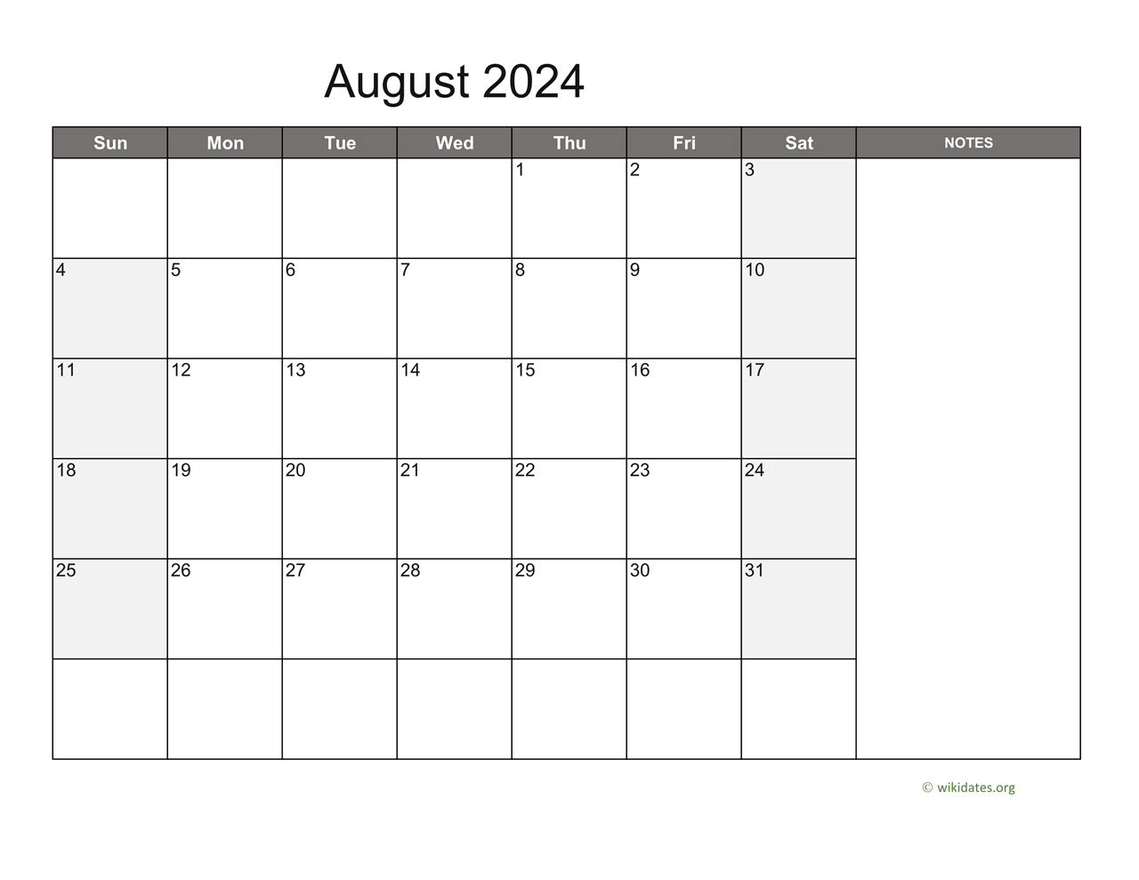 August 2024 Calendar with Notes