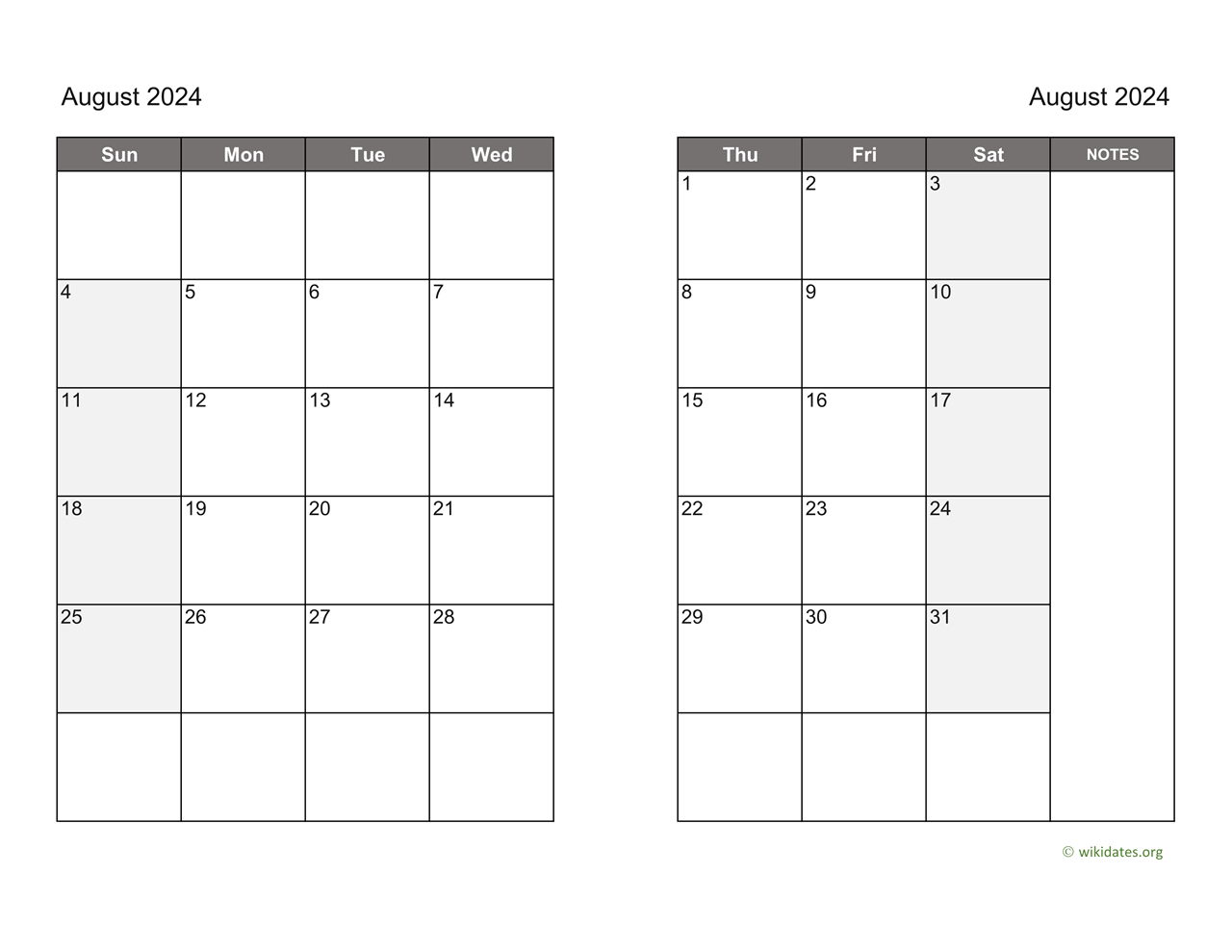 August 2024 Calendar on two pages