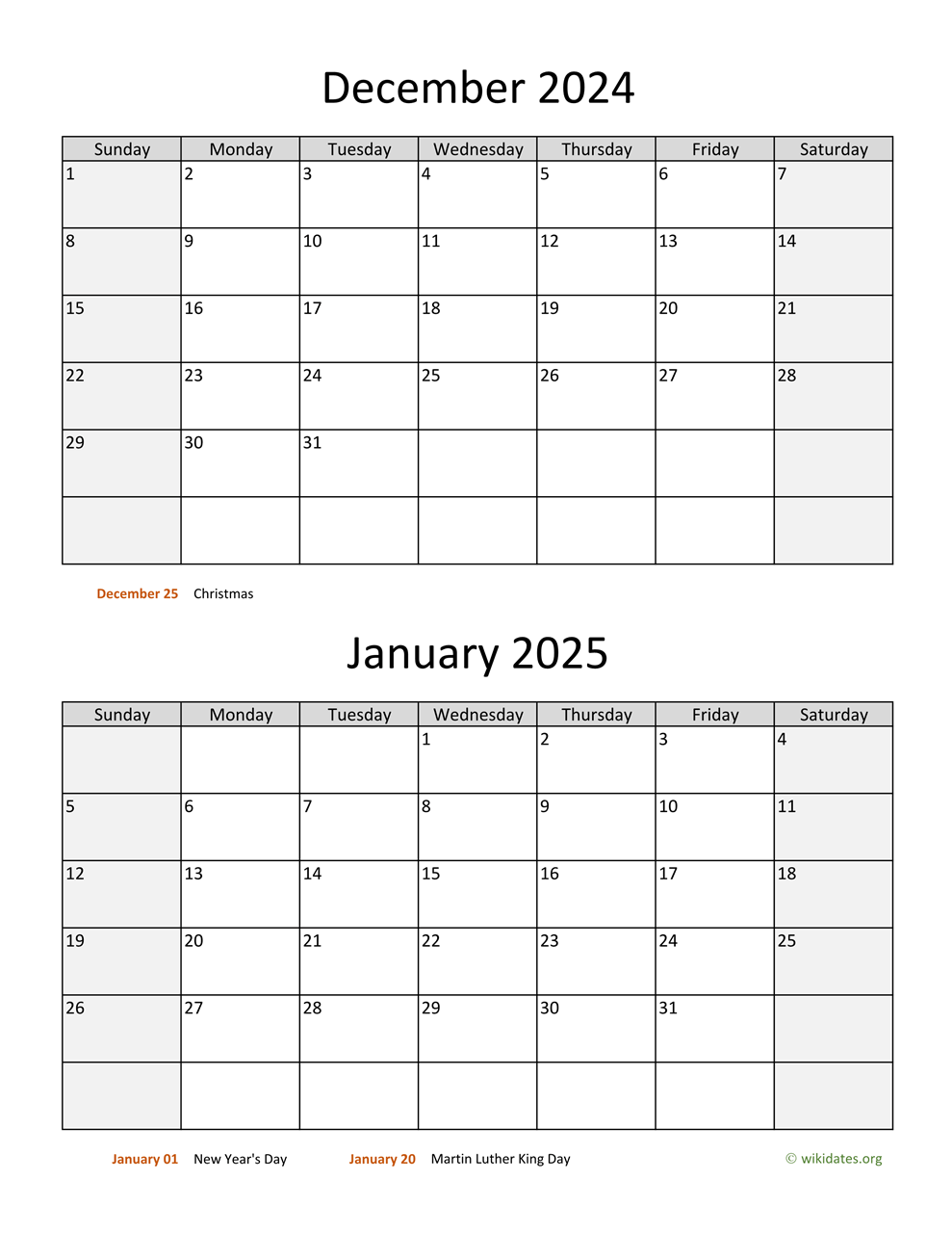 December 2024 and January 2025 Calendar | WikiDates.org