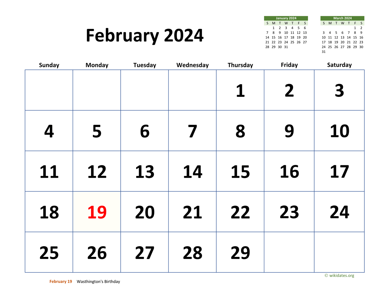 February 2024 Calendar with Extra-large Dates | WikiDates.org