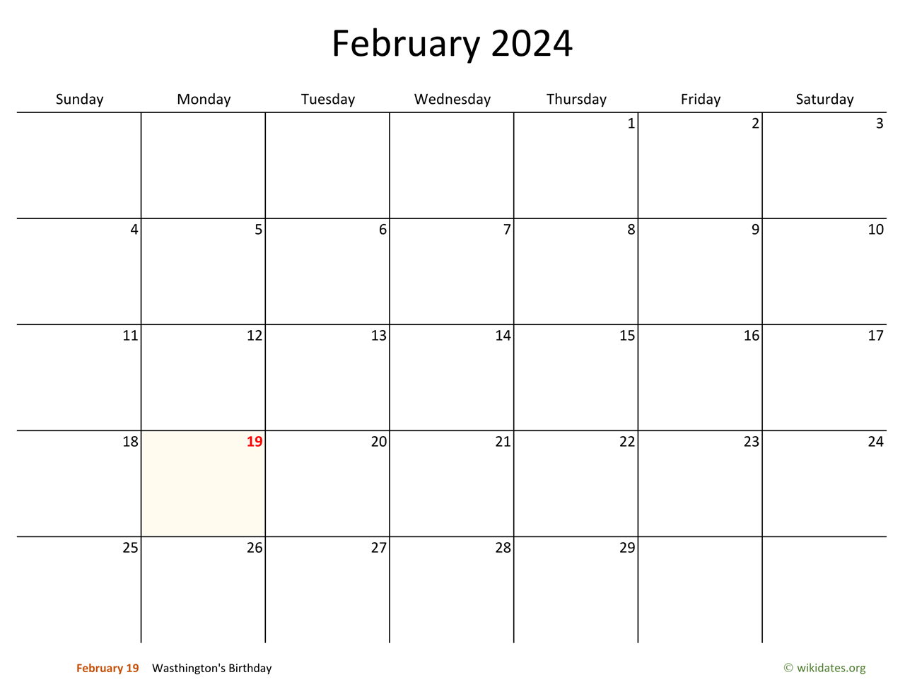 February 2024 Calendar with Bigger boxes