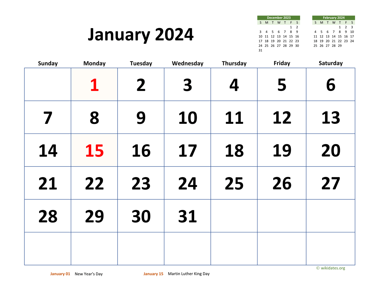 January 2024 Calendar with Extralarge Dates