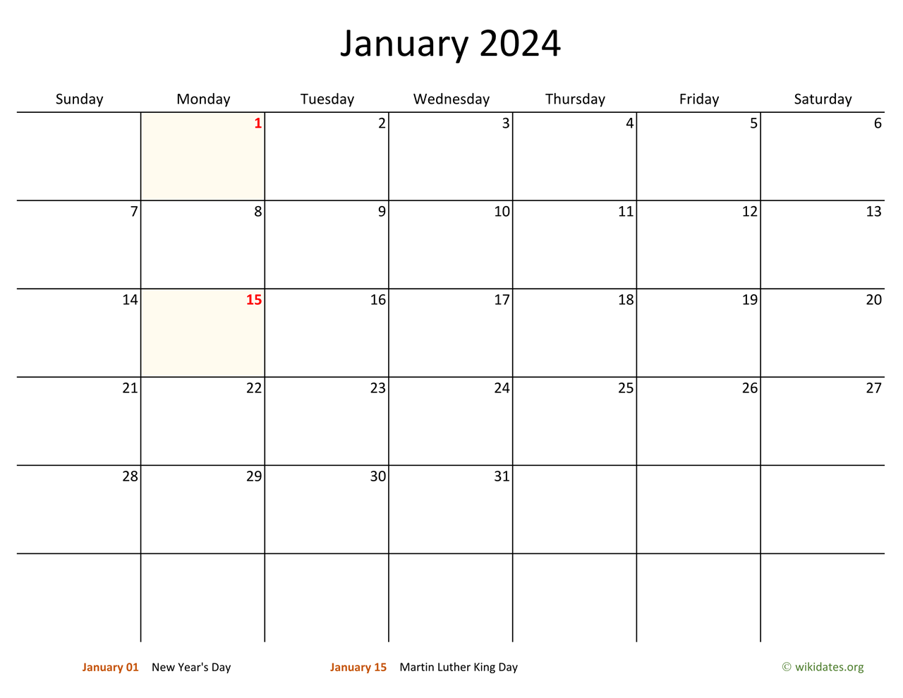 January 2024 Calendar with Bigger boxes | WikiDates.org