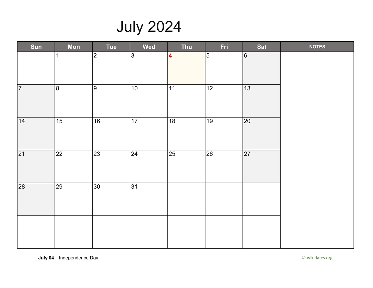 July 2024 Calendar with Notes