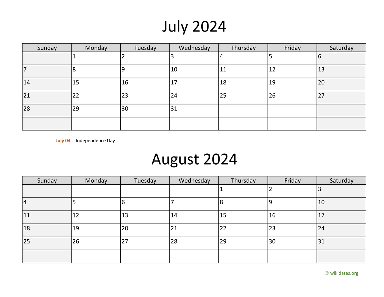 July and August 2024 Calendar