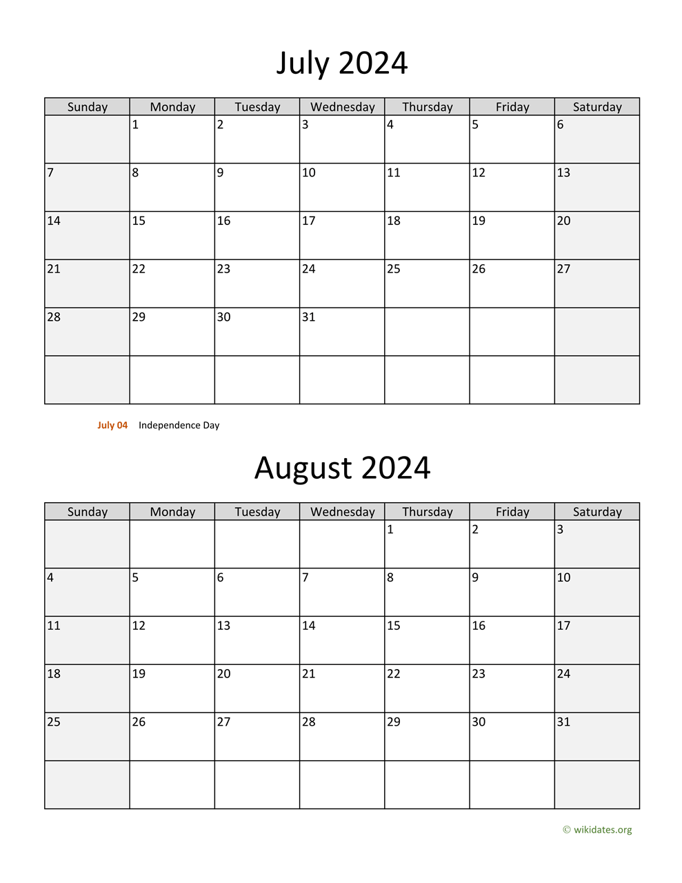 July and August 2024 Calendar