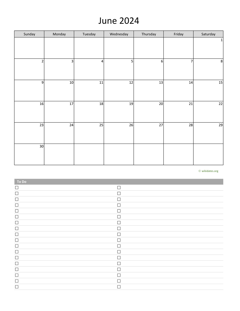 June 2024 Calendar with ToDo List