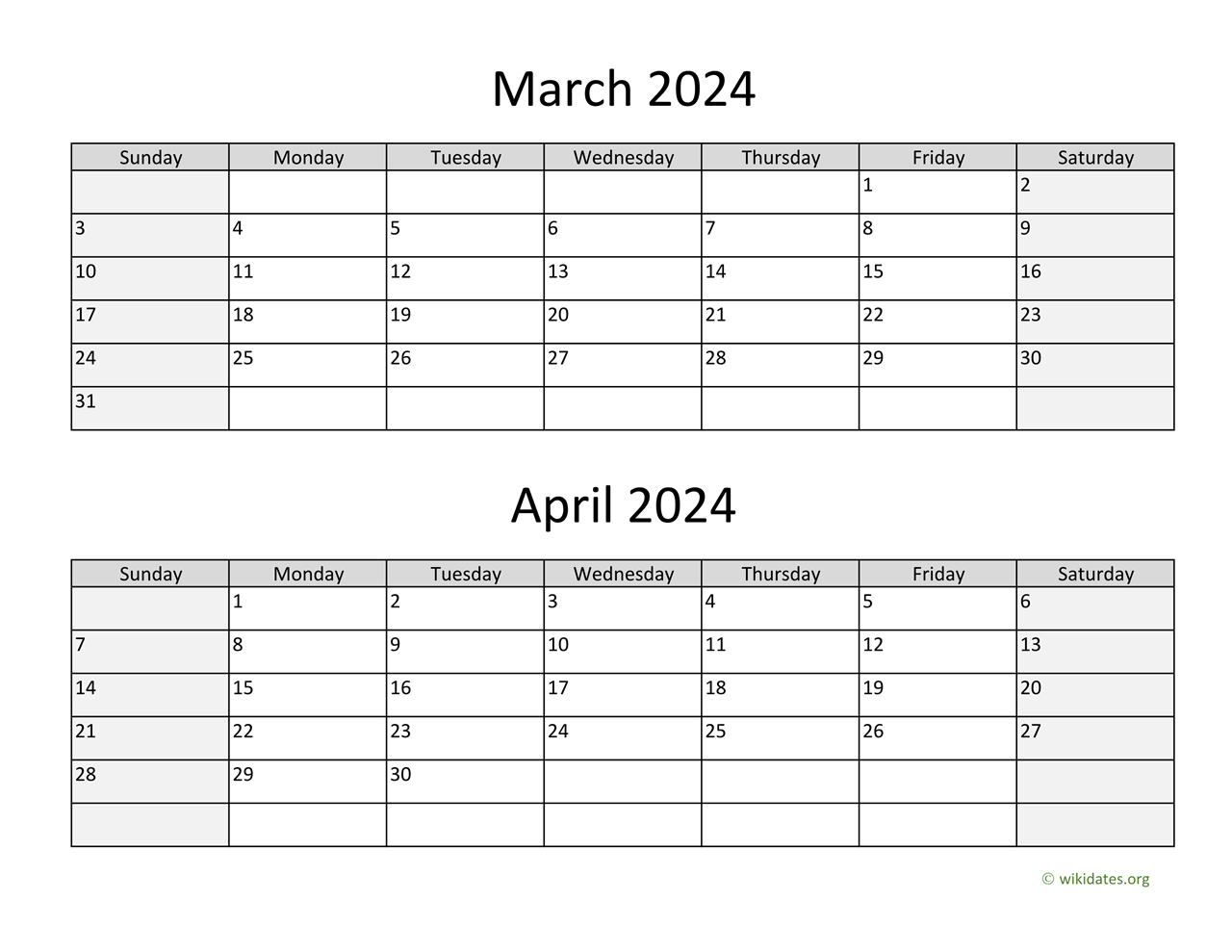 March and April 2024 Calendar