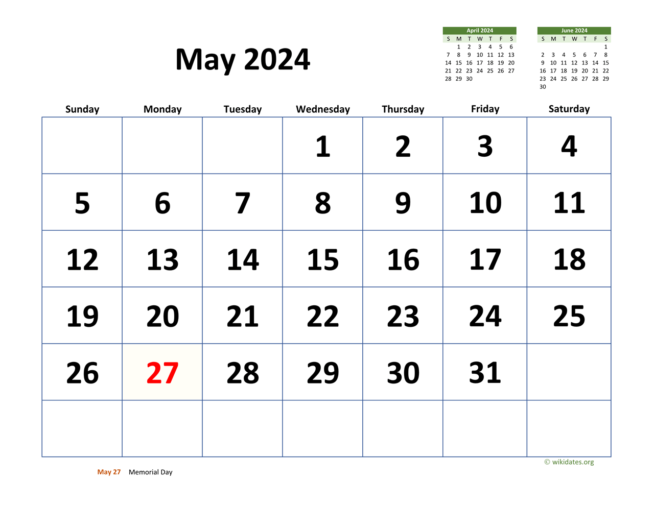 May 2024 Calendar with Extralarge Dates