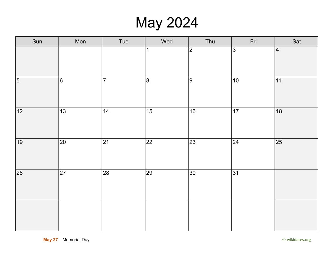 May 2024 Calendar with Weekend Shaded