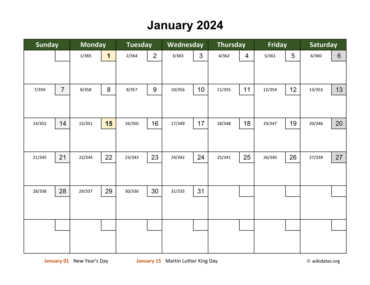 Monthly 2024 Calendar with Day Numbers | WikiDates.org