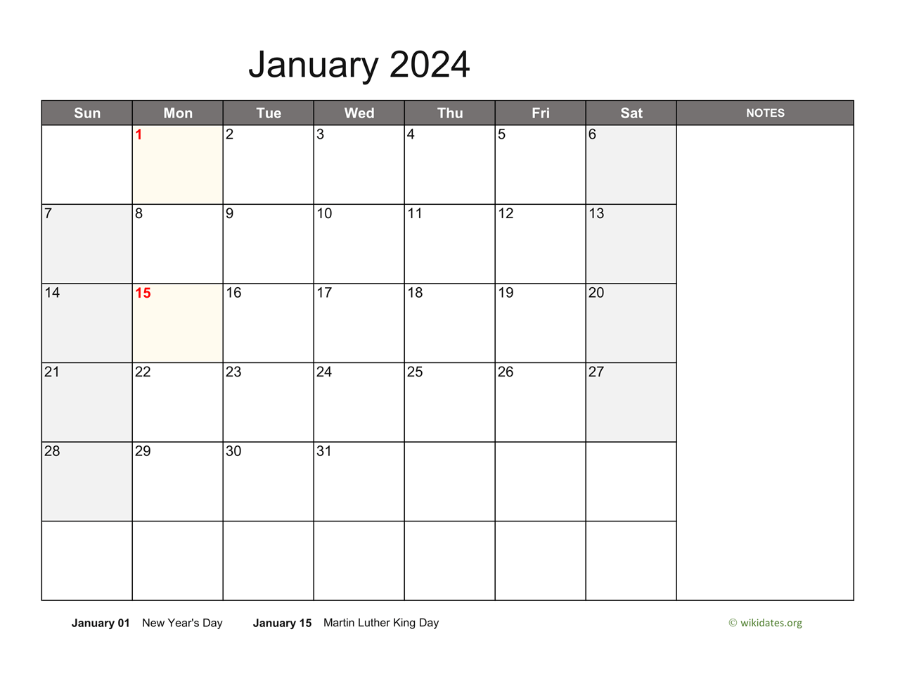 Monthly 2024 Calendar with Notes | WikiDates.org