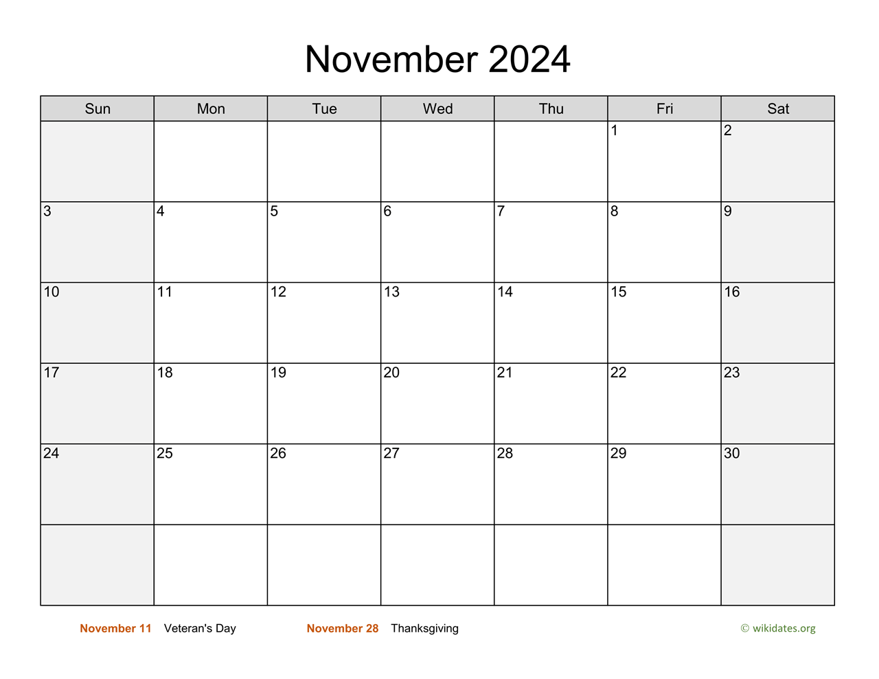 November 2024 Calendar with Weekend Shaded