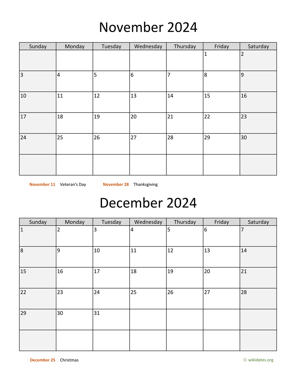 November and December 2024 Calendar