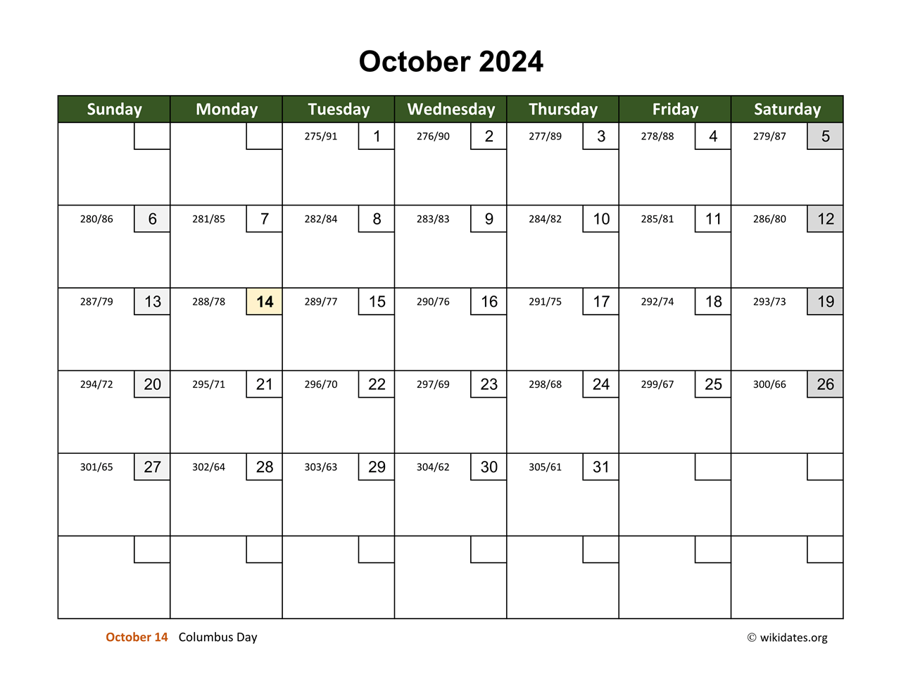 October 2024 Calendar with Day Numbers