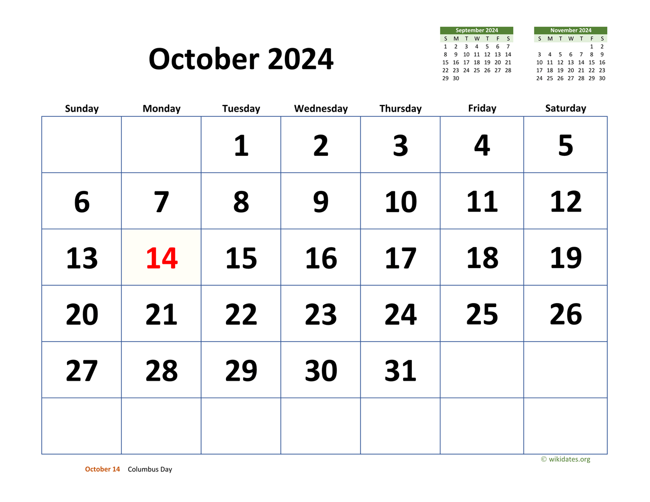 October 2024 Calendar with Extralarge Dates