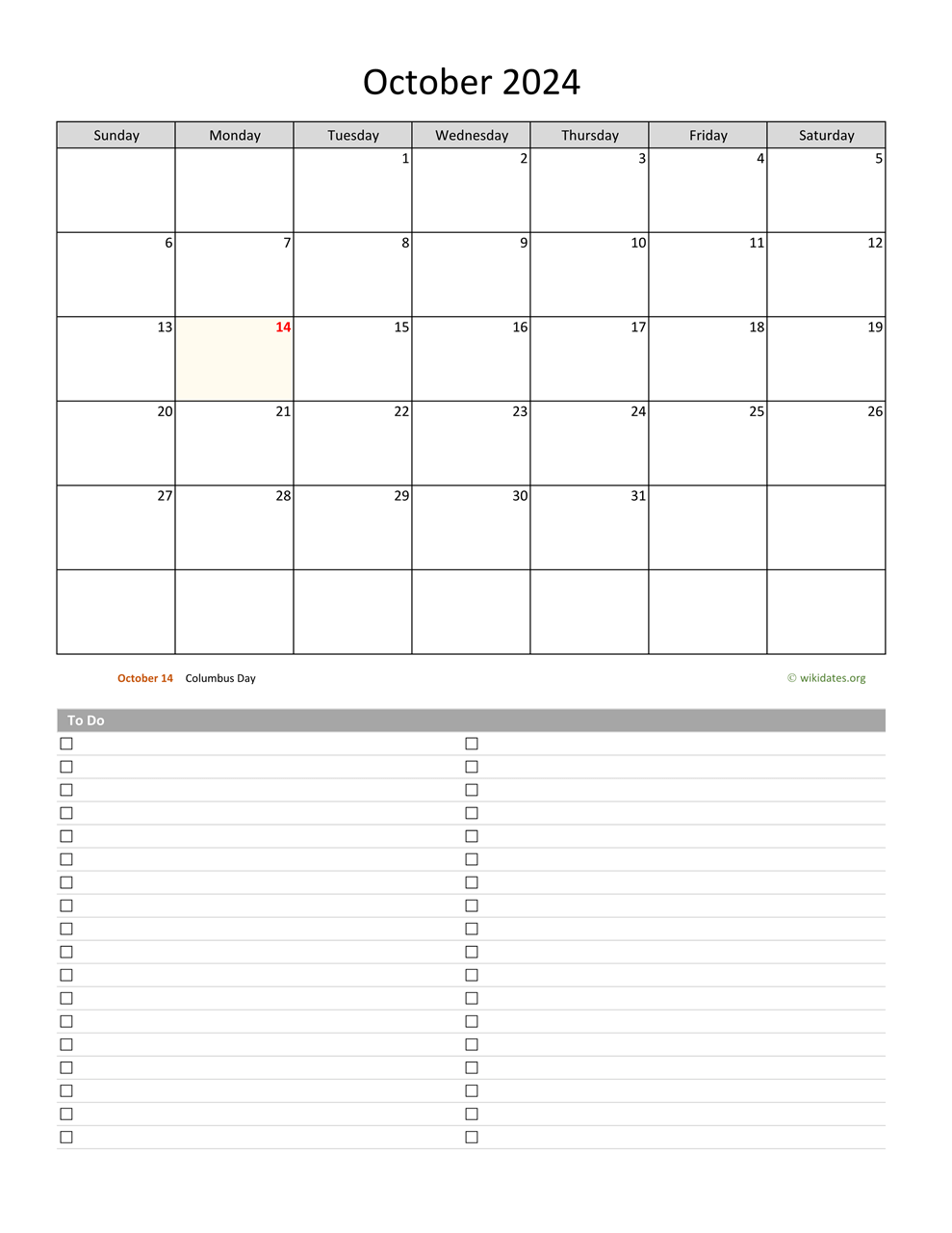 October 2024 Calendar with ToDo List