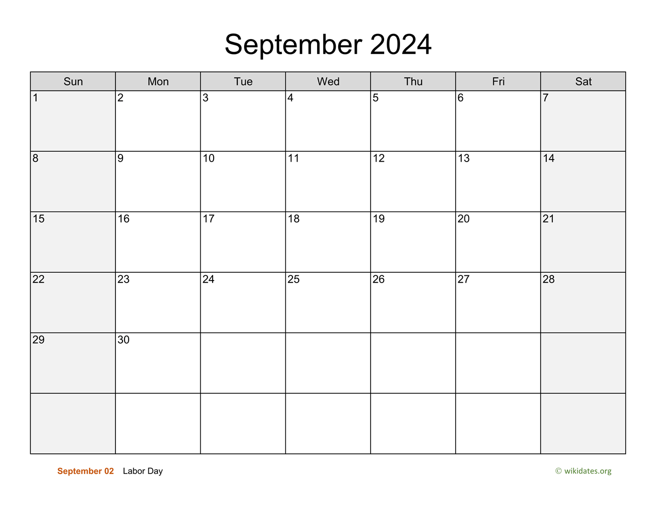 September 2024 Calendar with Weekend Shaded