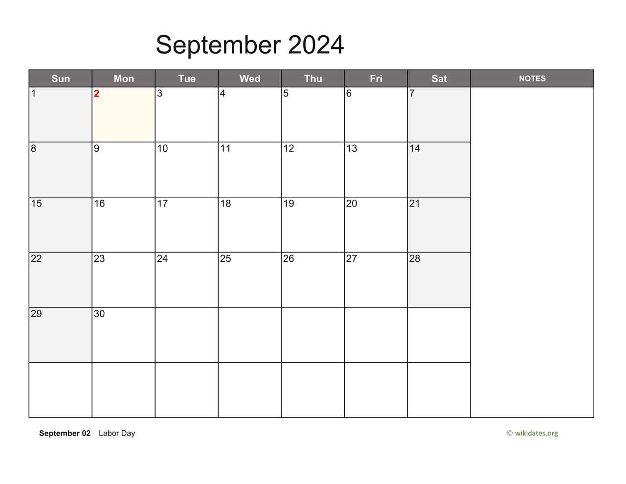 September 2024 Calendar with Notes