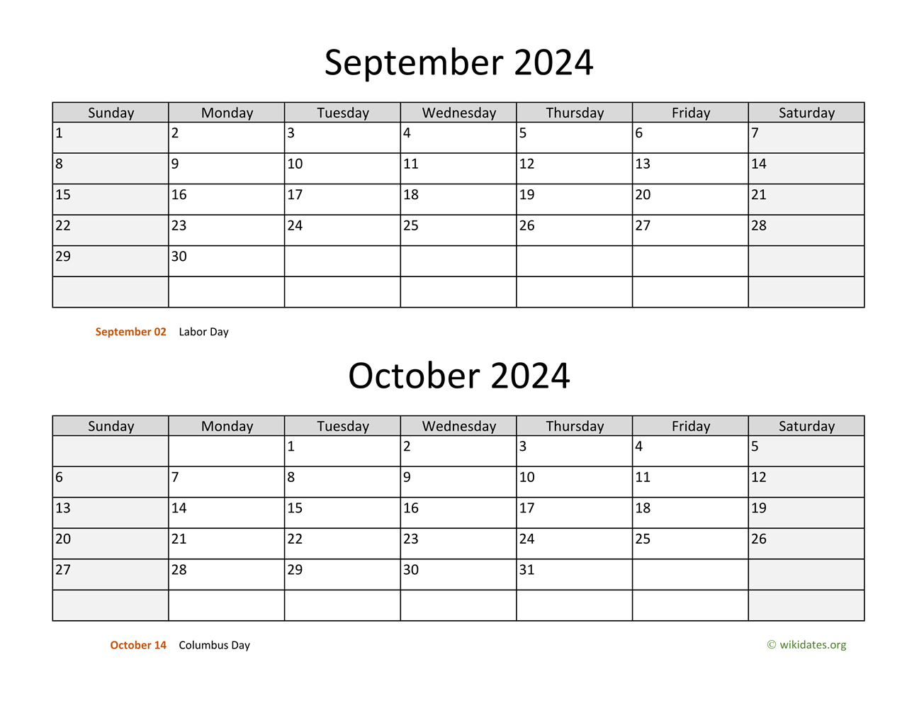 September and October 2024 Calendar