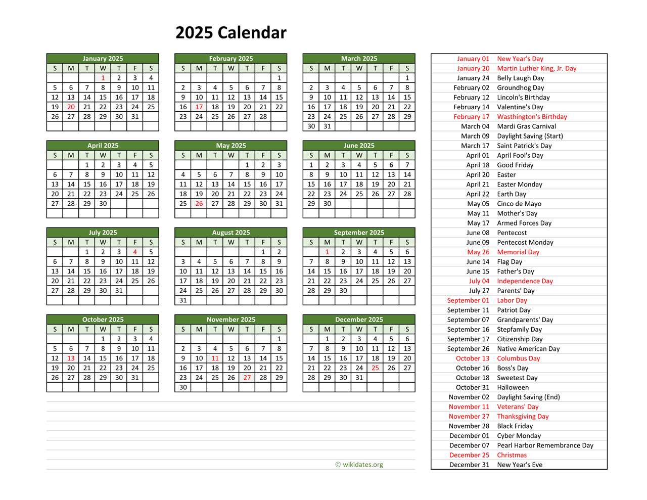 2025 Calendar With US Holidays WikiDates