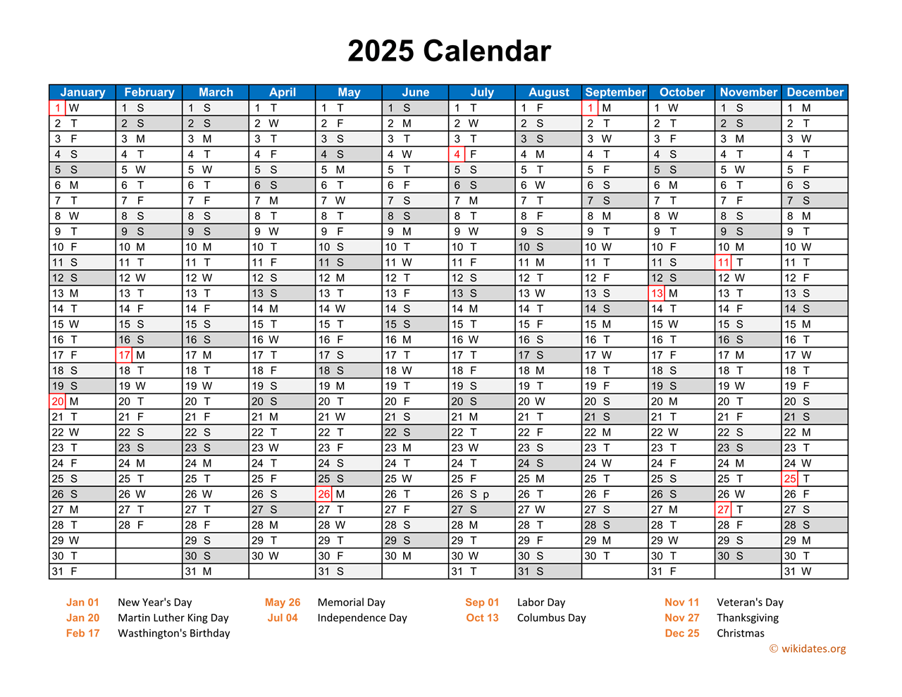 2025 Calendar Horizontal One Page WikiDates