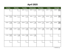 April 2025 Calendar with Day Numbers