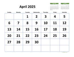 April 2025 Calendar with Extra-large Dates