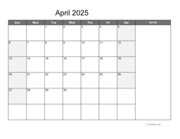 April 2025 Calendar with Notes