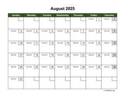 August 2025 Calendar with Day Numbers