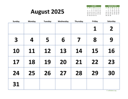 August 2025 Calendar with Extra-large Dates
