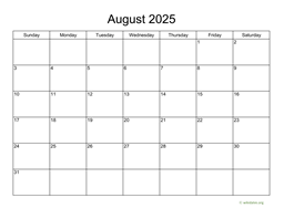 Basic Calendar for August 2025