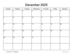 Basic Calendar for December 2025