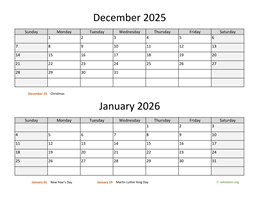 December 2025 and January 2026 Calendar