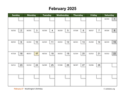 February 2025 Calendar with Day Numbers