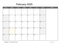 February 2025 Calendar with Notes