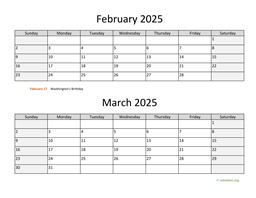 february and march 2025 calendar