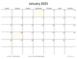 January 2025 Calendar with Bigger boxes