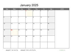 January 2025 Calendar with Notes