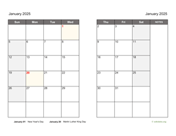 January 2025 Calendar on two pages