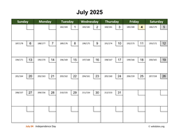 July 2025 Calendar with Day Numbers