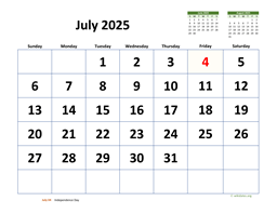 July 2025 Calendar with Extra-large Dates