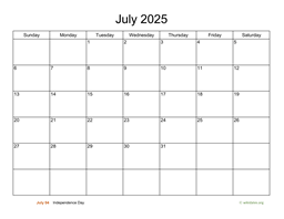 Basic Calendar for July 2025